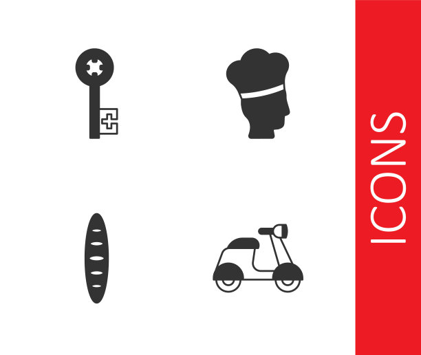 设置踏板车，老钥匙，法国法棍面包和意大利厨师图标。向量图片下载