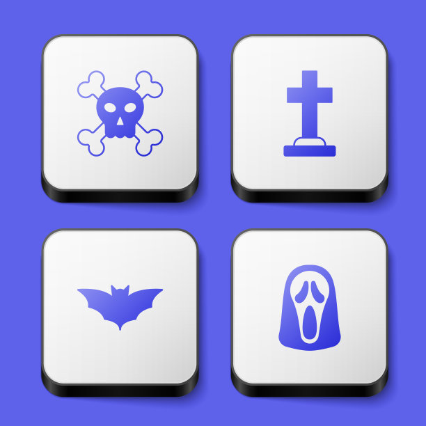 将骷髅放在交叉的骨头上，墓碑上，飞行的蝙蝠和有趣和可怕的幽灵面具图标。白色正方形按钮。向量图片下载