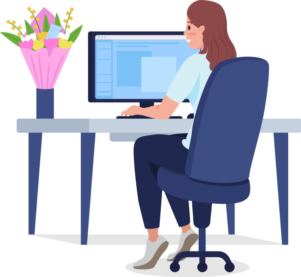 女士在办公桌与花束半平坦的颜色图片下载