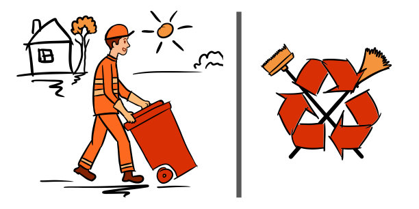 带垃圾桶/垃圾桶的垃圾收集员(垃圾工/收垃圾的人/垃圾工)。国际回收标志与扫帚，标志。图片下载