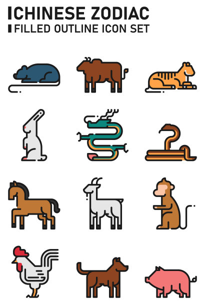 中国十二生肖填充轮廓图标集。图片下载