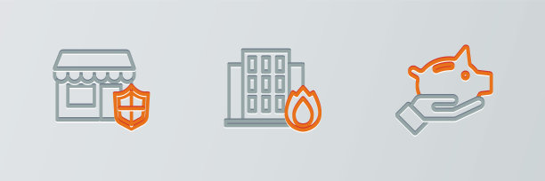 在燃烧的房子图标中设置储蓄罐，带盾的旅行箱和火。向量图片下载