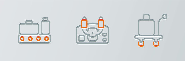 设置线手推车行李，传送带与手提箱和飞机舵机图标。向量图片下载