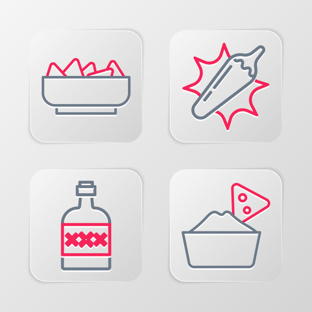 设置线玉米片在碗，龙舌兰瓶，辣椒辣椒豆荚和图标。向量图片下载