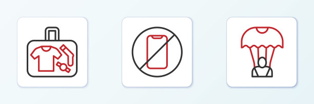 设置线路降落伞，手提箱和没有手机图标。向量图片下载