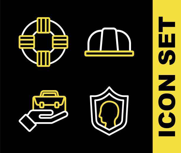 配备工人安全帽，人身保险带盾牌，手持公文包和救生圈图标。向量图片下载