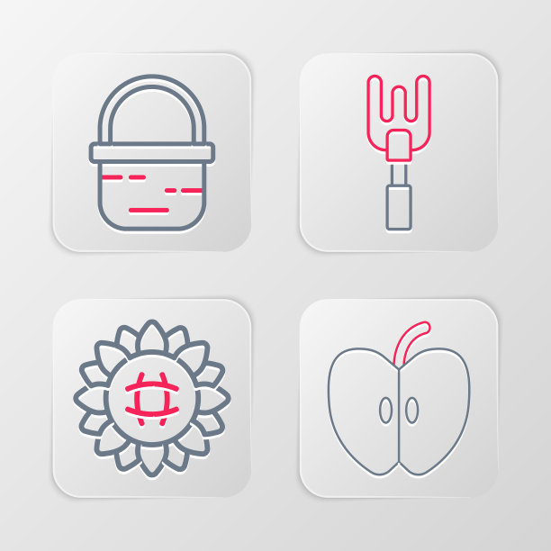 设置线苹果，向日葵，花园耙子和篮子图标。向量图片下载