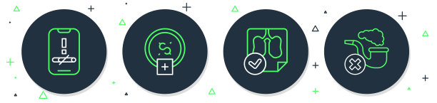 设置“戒烟”、“省钱”、“肺x线诊断”、“不吸烟”和“吸烟烟斗”图标。向量图片下载