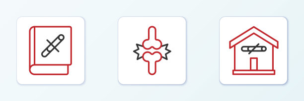 设置“在家禁止吸烟”、“戒烟书”和“关节痛、膝盖痛”图标。向量图片下载