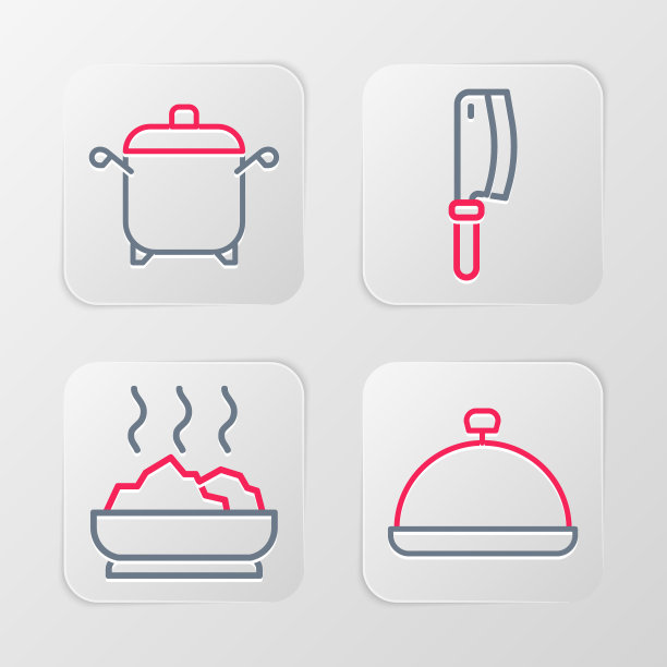 设置线覆盖托盘的食物，碗热汤，肉菜刀和烹饪锅图标。向量图片下载