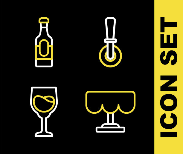 设置线披萨刀，木制桌子，酒杯和瓶子图标。向量图片下载