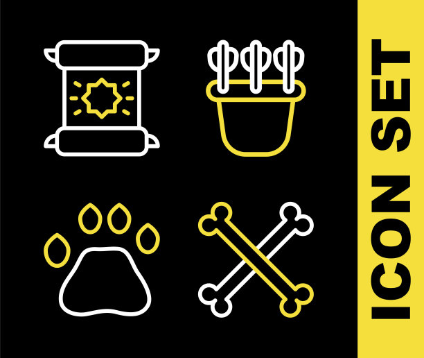 设置线箭袋与箭，交叉的人骨，熊爪足迹和法令，羊皮纸，卷轴图标。向量图片下载