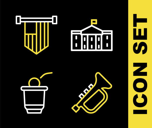 设置线美国国会，小号，啤酒桌球游戏和美国国旗的图标。向量图片下载