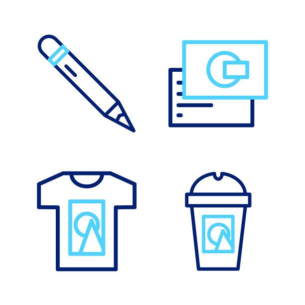 设置线咖啡杯走，t恤，名片和铅笔与橡皮擦图标。向量图片下载