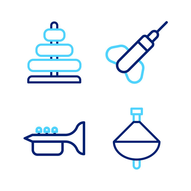 设置线旋转玩具，小号，飞镖箭头和金字塔图标。向量图片下载