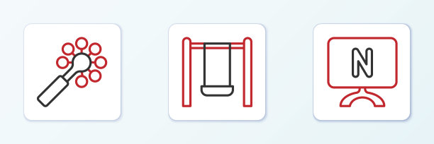 设置线智能电视，拨浪鼓婴儿玩具和秋千图标。向量图片下载