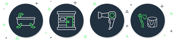在树桩图标设置线桑拿木制浴室，吹风机，浴缸和木斧。向量图片下载
