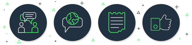设置线学习外语，笔记本，两个坐着说话的男人和手像图标。向量图片下载