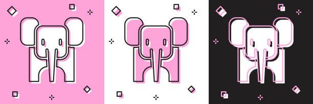 设置大象图标孤立在粉红色和白色，黑色背景。向量图片下载