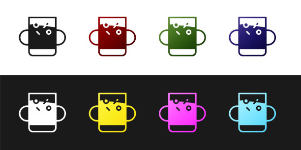 设置杯茶和叶子图标孤立在黑白背景上。向量图片下载