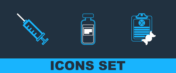 设置线剪贴板与DNA分析，注射器和医疗瓶，安瓿图标。向量图片下载