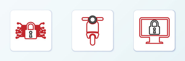 设置线路锁定在监视器，网络安全和滑板车图标。向量图片下载