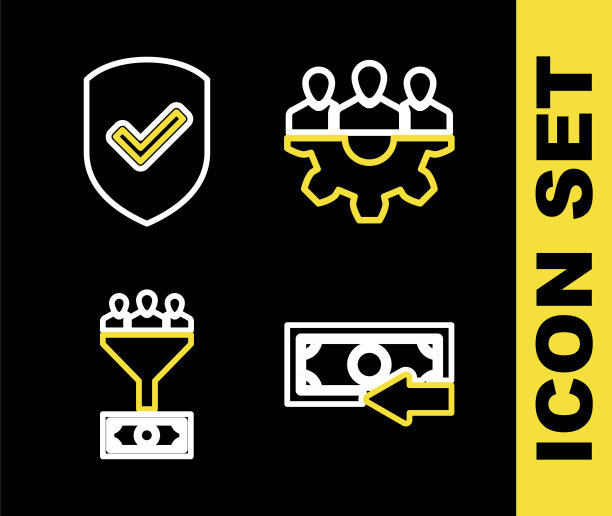 设置线路项目团队基地，现金返还，领导管理和盾与复选标记图标。向量图片下载