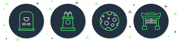 设置舞台站或论坛，月亮，写有安息符的墓碑和日本门的图标。向量图片下载