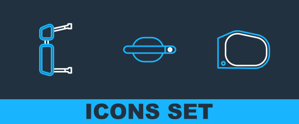 设置线汽车后视镜，卡车侧面和门把手图标。向量图片下载