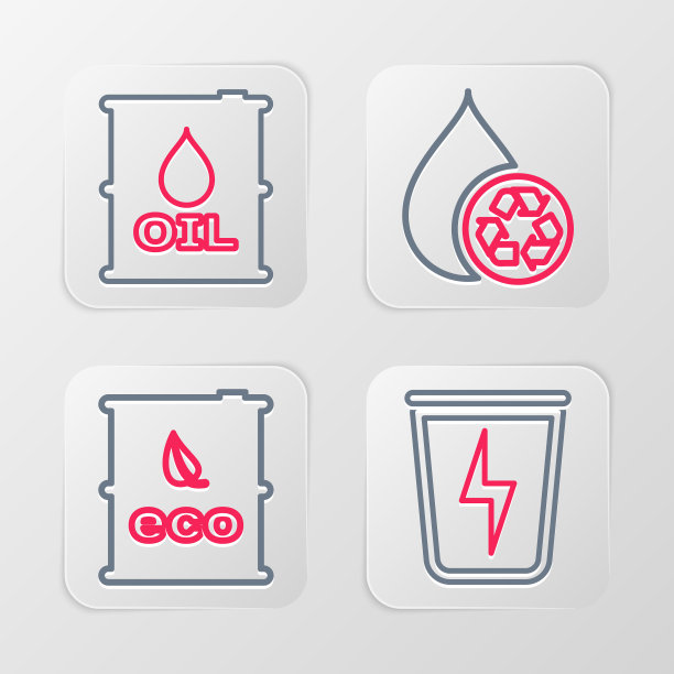 设置线闪电与垃圾桶，生物燃料桶，回收清洁水和石油图标。向量图片下载