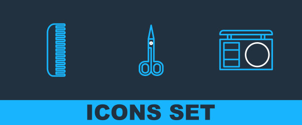 设置线眼影调色板，毛刷和剪刀图标。向量图片下载