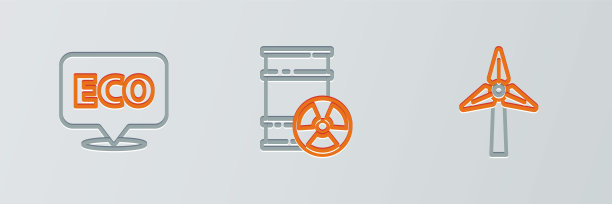设有风力发电机组、环保健康食品标签和放射性废物桶图标。向量图片下载