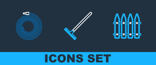 设置线花园栅栏，软管或消防软管和耙子图标。向量图片下载