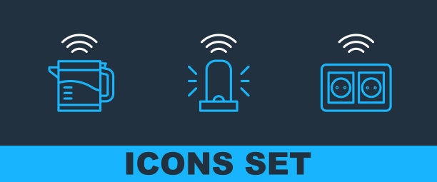 设置线智能插座、水壶及闪光警报器图标。向量图片下载