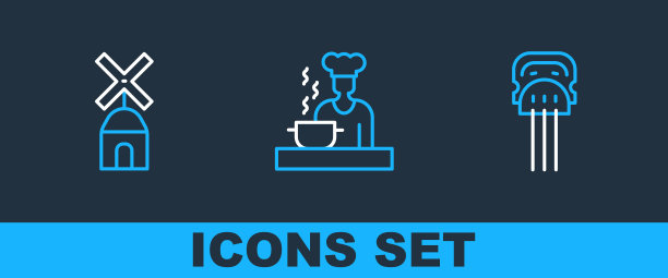 设置线Peineta，风车和西班牙厨师图标。向量图片下载