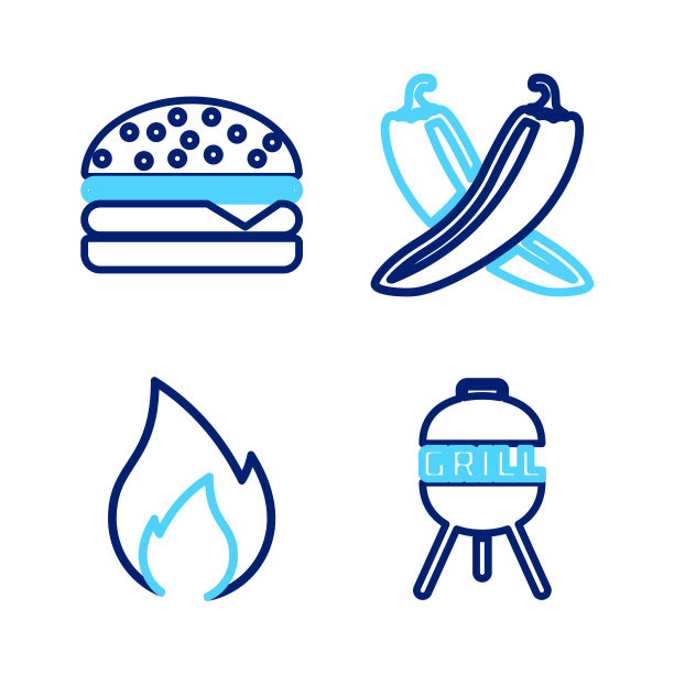 设置线烧烤烤架，火火焰，交叉辣椒辣椒豆荚和汉堡图标。向量图片下载