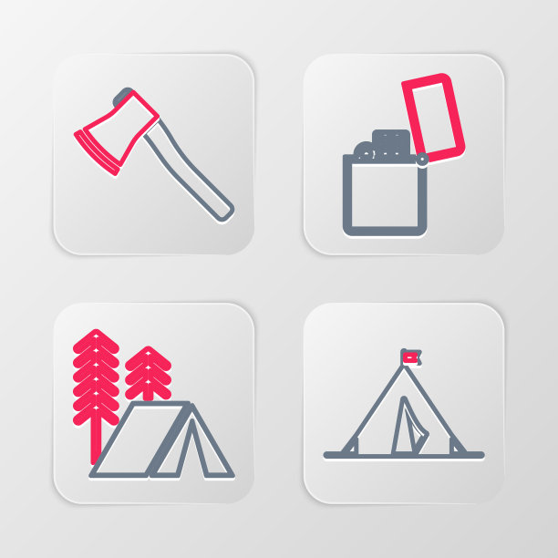 设置线旅游帐篷旗，打火机和木斧图标。向量图片下载
