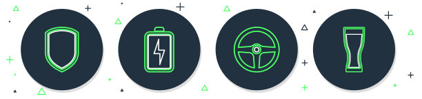 设置线路电池，方向盘，盾牌和玻璃的啤酒图标。向量图片下载