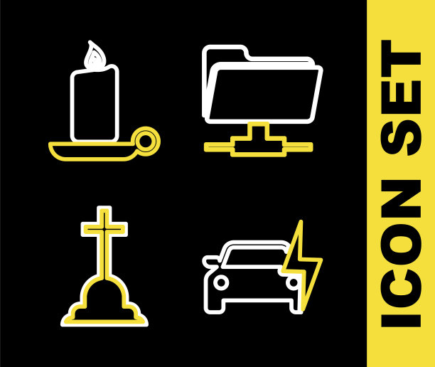 设置行FTP文件夹，电动汽车，十字架墓碑和蜡烛在烛台图标燃烧。向量图片下载