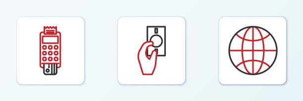 设置线路全球，POS终端与信用卡和手握货币图标。向量图片下载