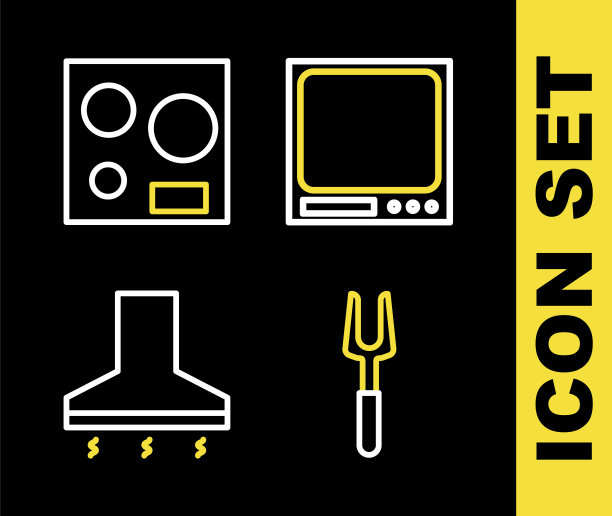 设置线电子秤，烧烤叉，厨房抽油风扇和电炉图标。向量图片下载