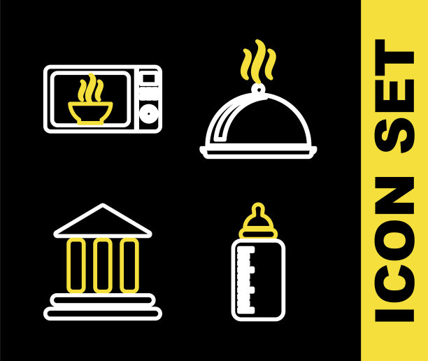 设置线覆盖托盘食品，婴儿奶瓶，银行大楼和微波炉图标。向量图片下载