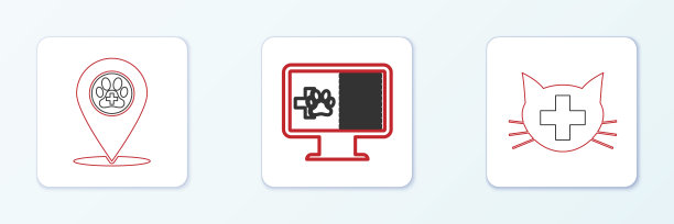 设置行兽医诊所，位置兽医和临床记录宠物监视器图标。向量图片下载