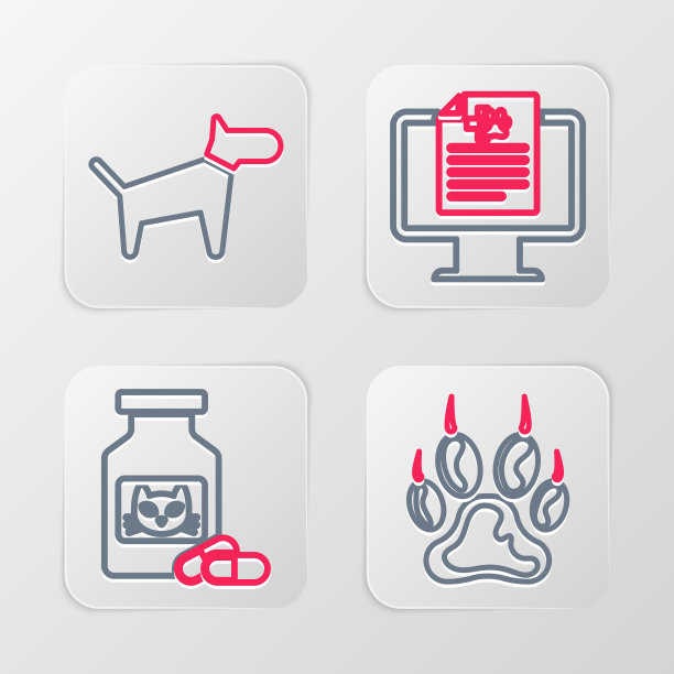 设置线爪印，猫药瓶和药丸，临床记录宠物在监视器和狗图标。向量图片下载