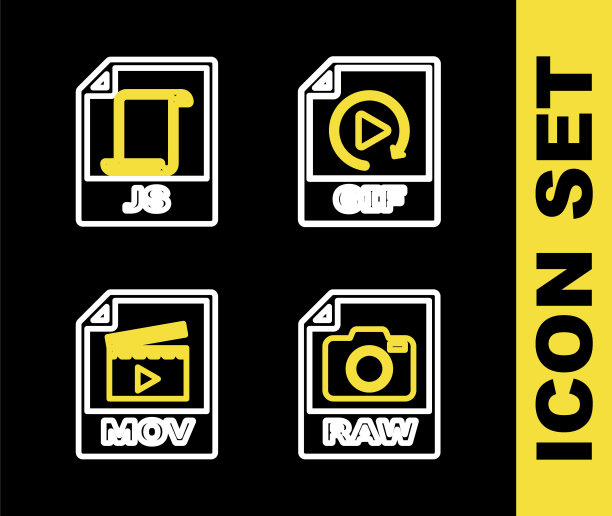 设置行GIF文件文档，RAW, MOV和JS图标。向量图片下载