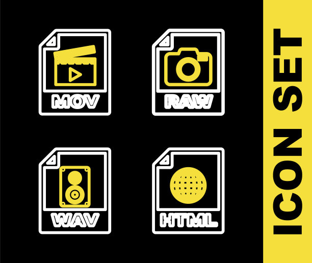 设置行RAW文件文档，HTML, WAV和MOV图标。向量图片下载
