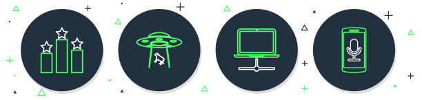 设置线不明飞行物绑架牛，计算机网络，排名明星和移动记录图标。向量图片下载