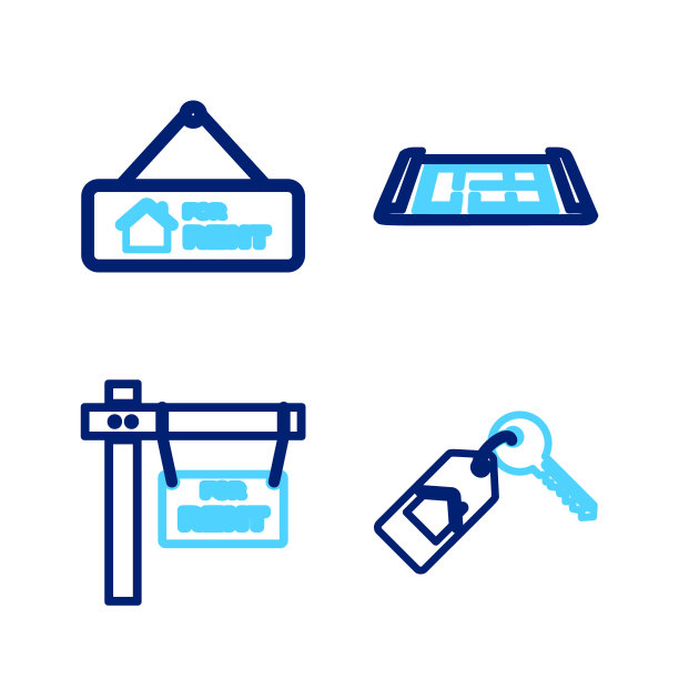 设置房屋与钥匙，挂出出租标志，计划和图标。向量图片下载