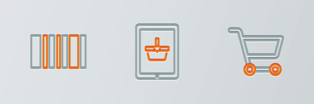 在平板电脑图标上设置购物车、条形码和购物篮。向量图片下载