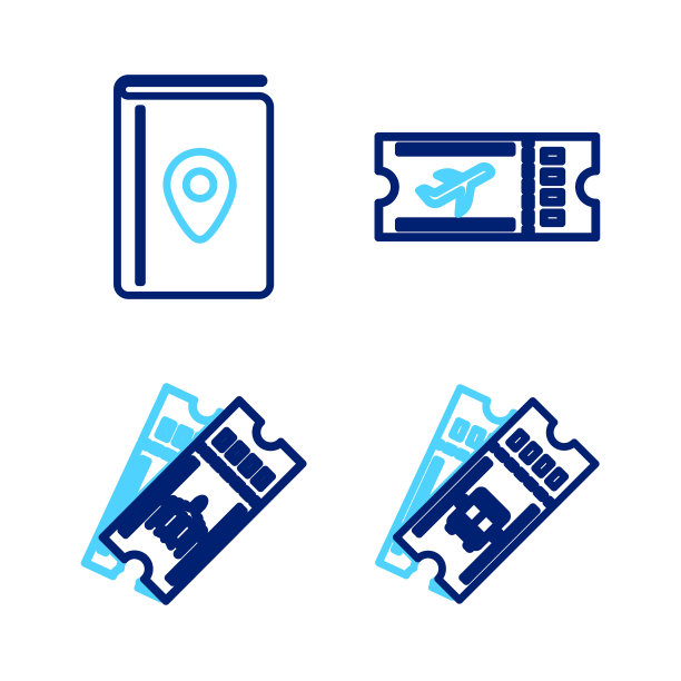 设置线路巴士票，航空公司，和封面书旅游指南图标。向量图片下载